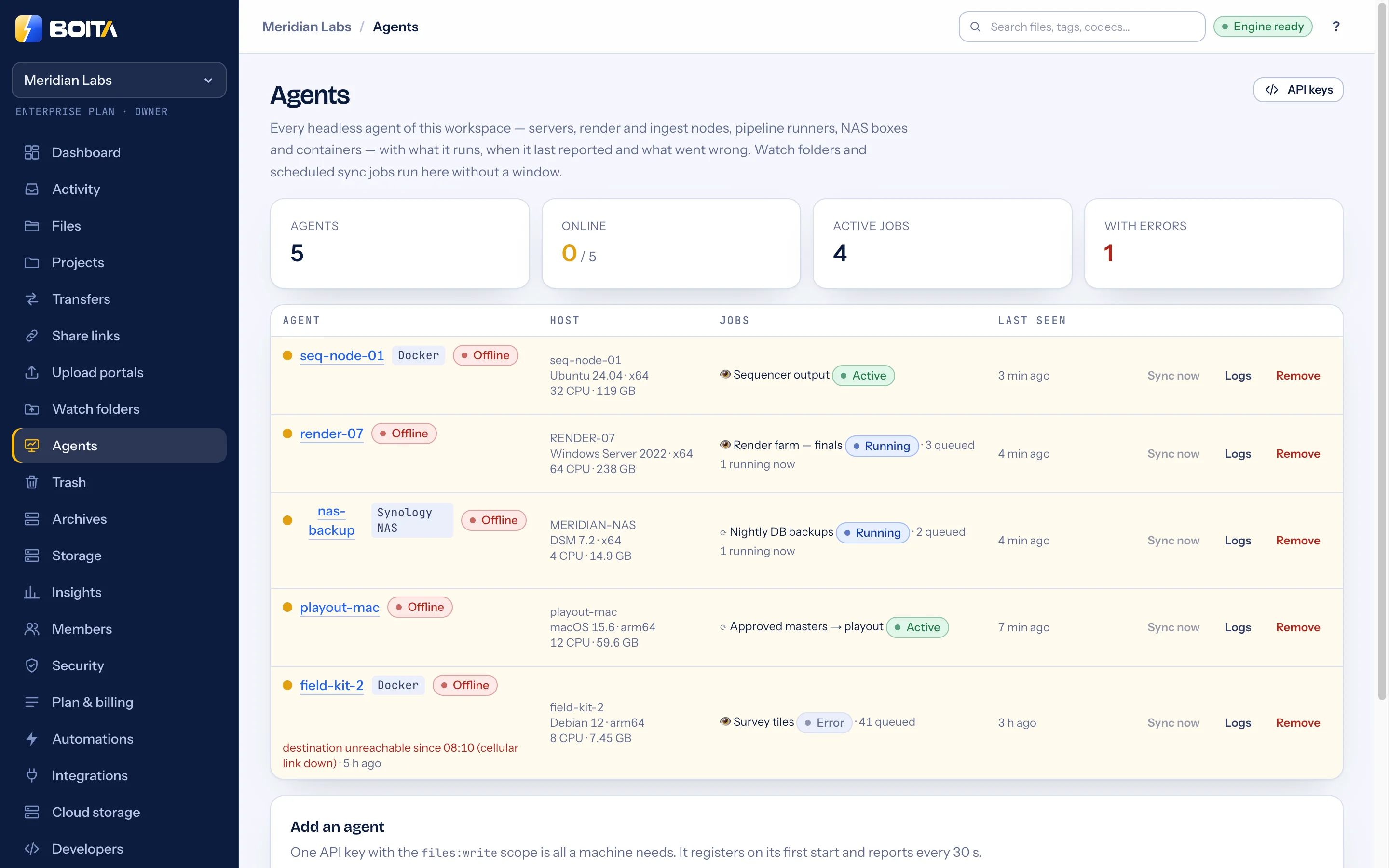 Boita Agents: counts of agents, online, active jobs and errors, then a fleet table — a Docker sequencing node, a Windows render server, a Synology NAS, a macOS playout machine and a field kit — with host facts, the watch or sync job each runs, when it last reported and its error.