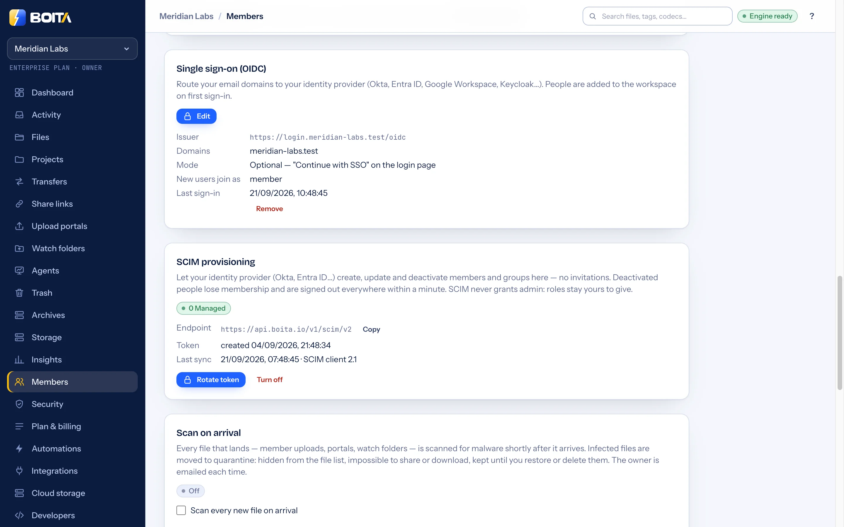 Enterprise settings on Boita’s Members page: single sign-on (OIDC) configured for a domain with a default role, SCIM provisioning, device policy, scan on arrival, DLP webhook and legal hold export.