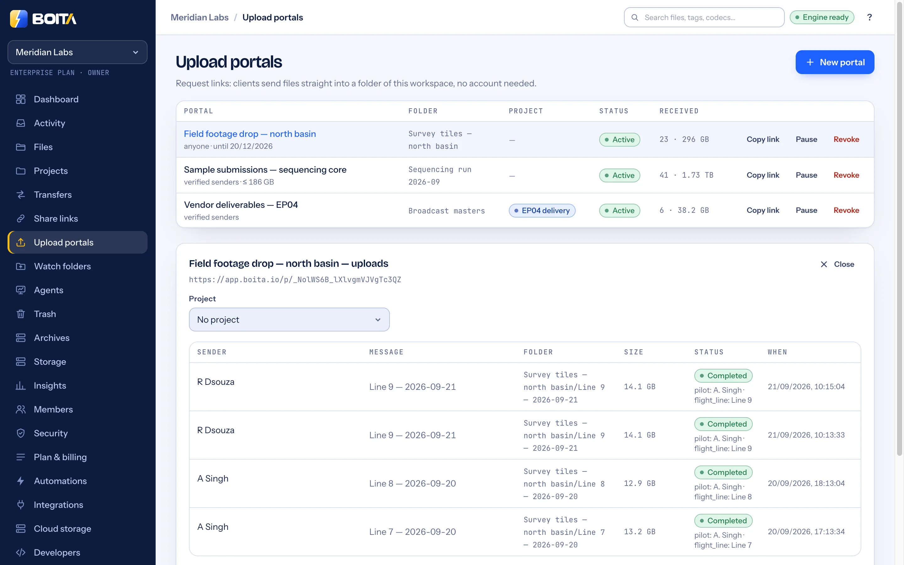 Boita Upload portals: three portals with their target folder, project, status and what they received, and the open portal’s list of uploads with sender, files, size and a review decision.