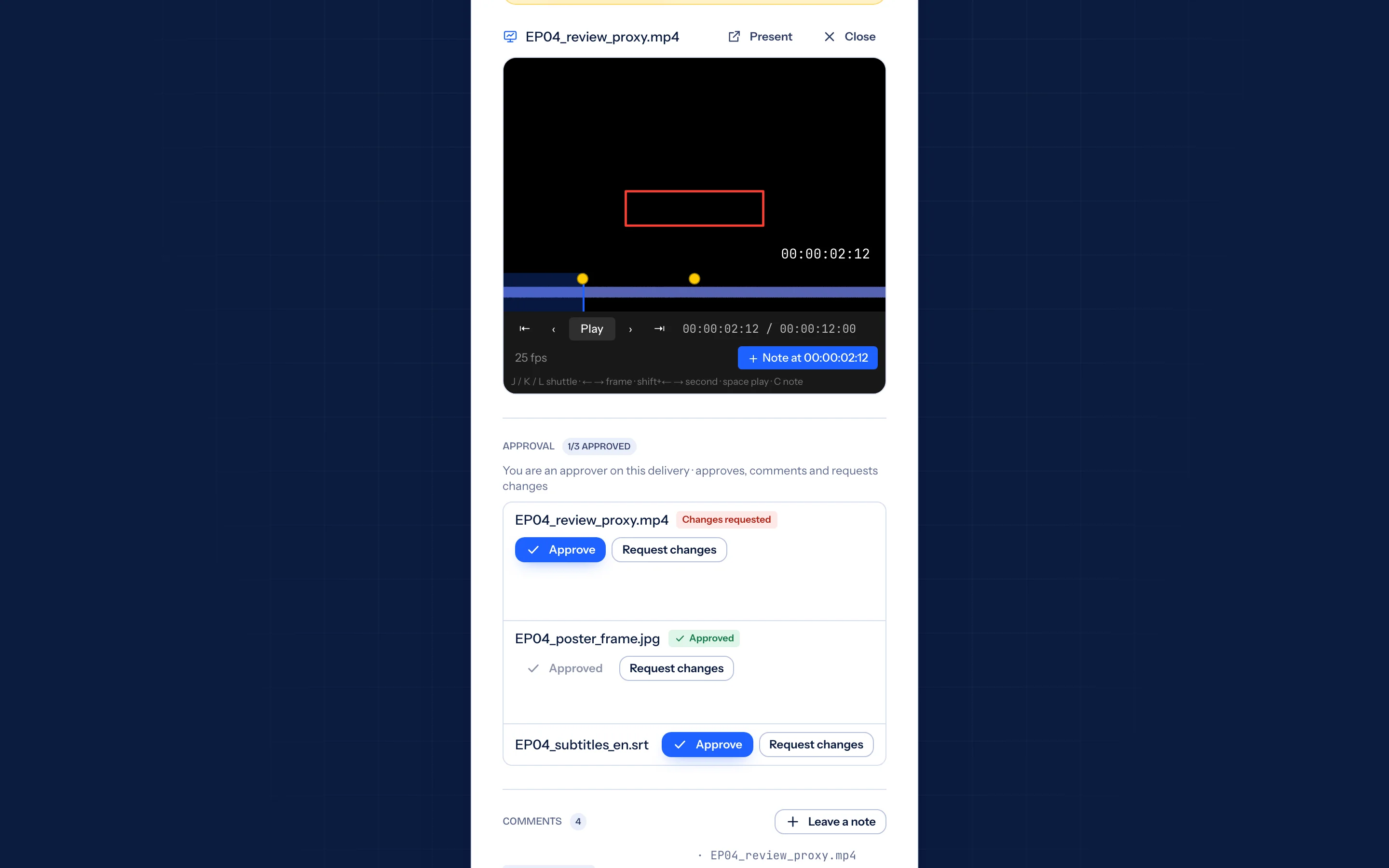 Boita review player on a delivery page: a video paused at 00:00:02:12 with a red rectangle drawn on the frame, note markers on the scrubber, frame stepping and J/K/L shuttle controls, and an approval panel listing each file as Approved or Changes requested.