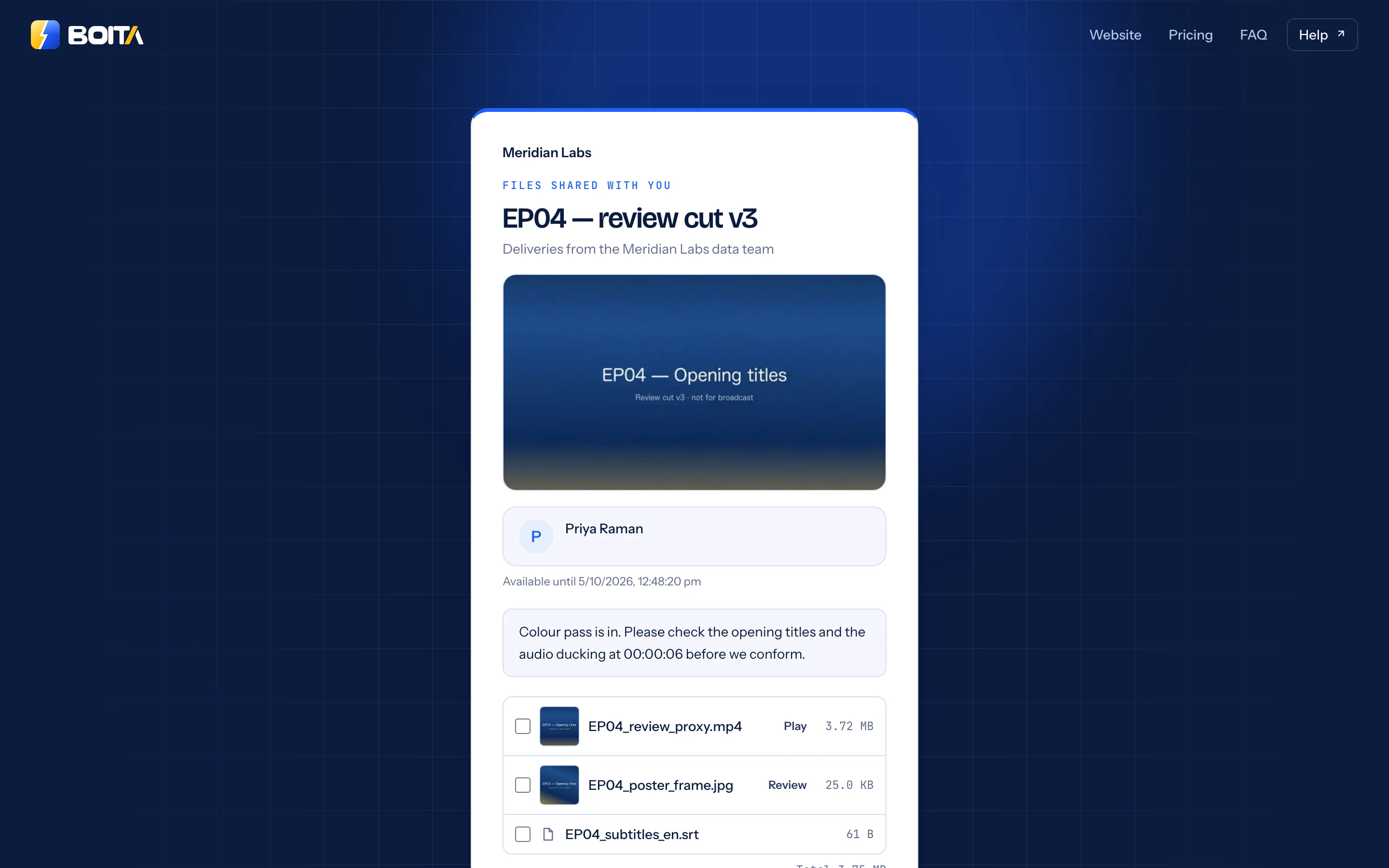 A Boita delivery page as the recipient sees it: “EP04 — review cut v3” with a preview of the video, the sender’s name, the expiry date, a message, the file list with sizes and per-file Play and Review buttons, and the total size.