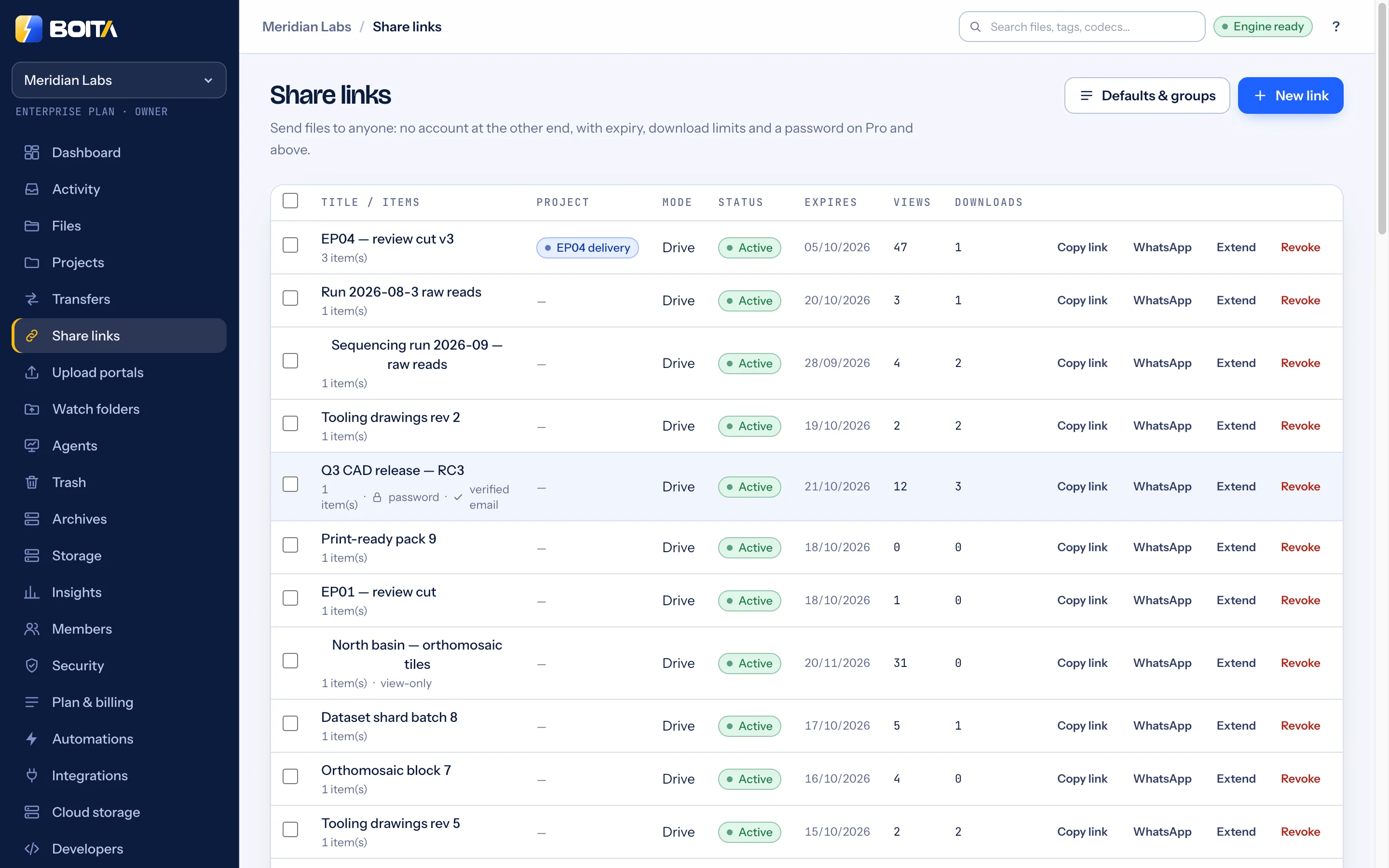 Boita Share links: a table of deliveries with project, mode, status, expiry, views and downloads, each with Copy link, WhatsApp, Extend and Revoke; below it the workspace’s brand settings with a live preview of the recipient page.